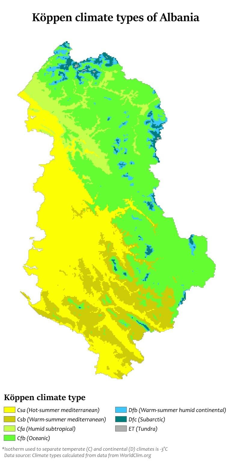 地図のアルバニアの気候