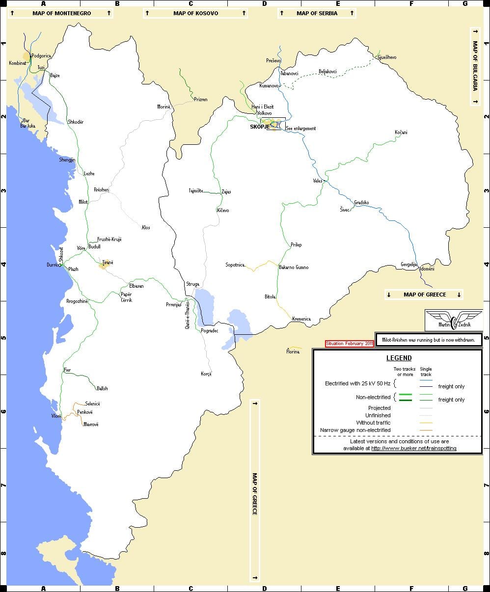 アルバニア鉄道の地図
