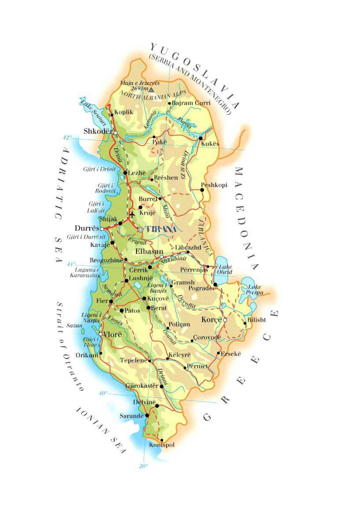 地図の物理地図のアルバニア